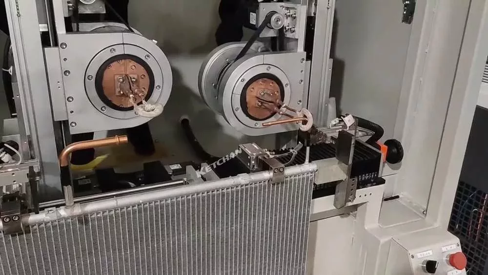 Automatic induction brazing of lead out tubes of aluminum heat exchangers