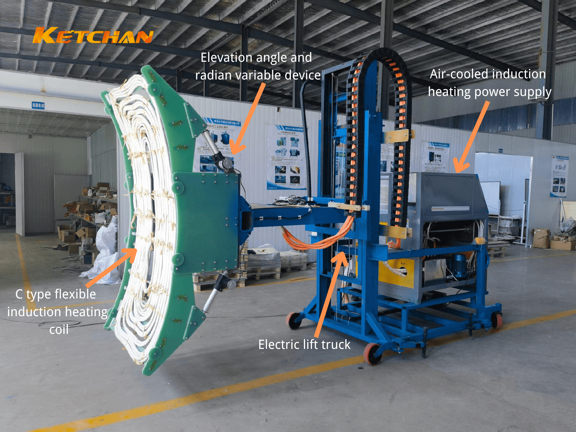 C type flexible induction heating coil can lift and close for heating rotating cylinder